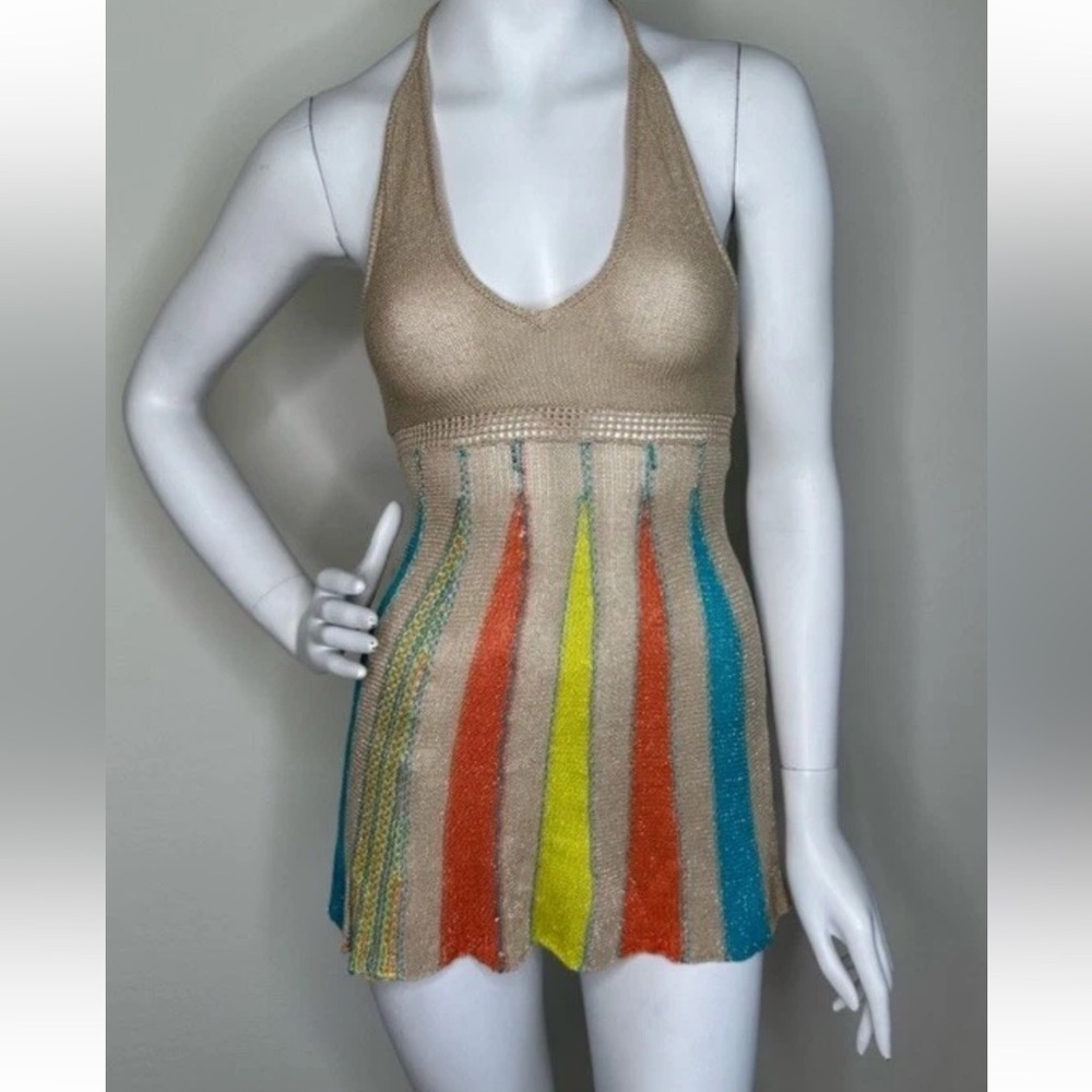 BCBGMAXAZRIA TAN MULTI COLOR HALTER BABY DOLL TOP SZ XS